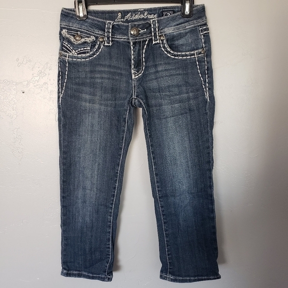L.A. Idol Size 3 Dark Wash Denim Capri Jeans Cropped Flap Button Pocket 28" W - Picture 6 of 7